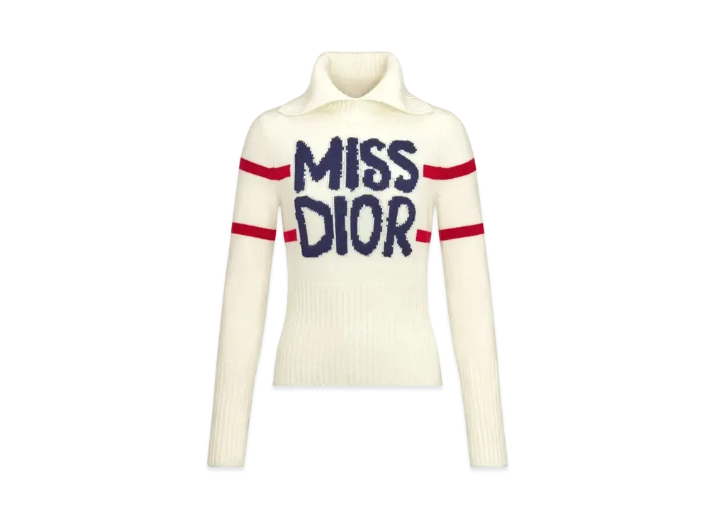 Dior DiorAlps Mock Neck Sweater Virgin Wool and Cashmere Knit with Miss Dior Graffiti Motif "White/Blue"