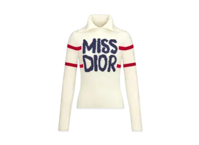 Dior DiorAlps Mock Neck Sweater Virgin Wool and Cashmere Knit with Miss Dior Graffiti Motif "White/Blue"