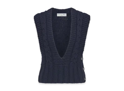 Dior Women's Virgin Wool Blend Cable Knit Sweater Vest "Navy Blue"