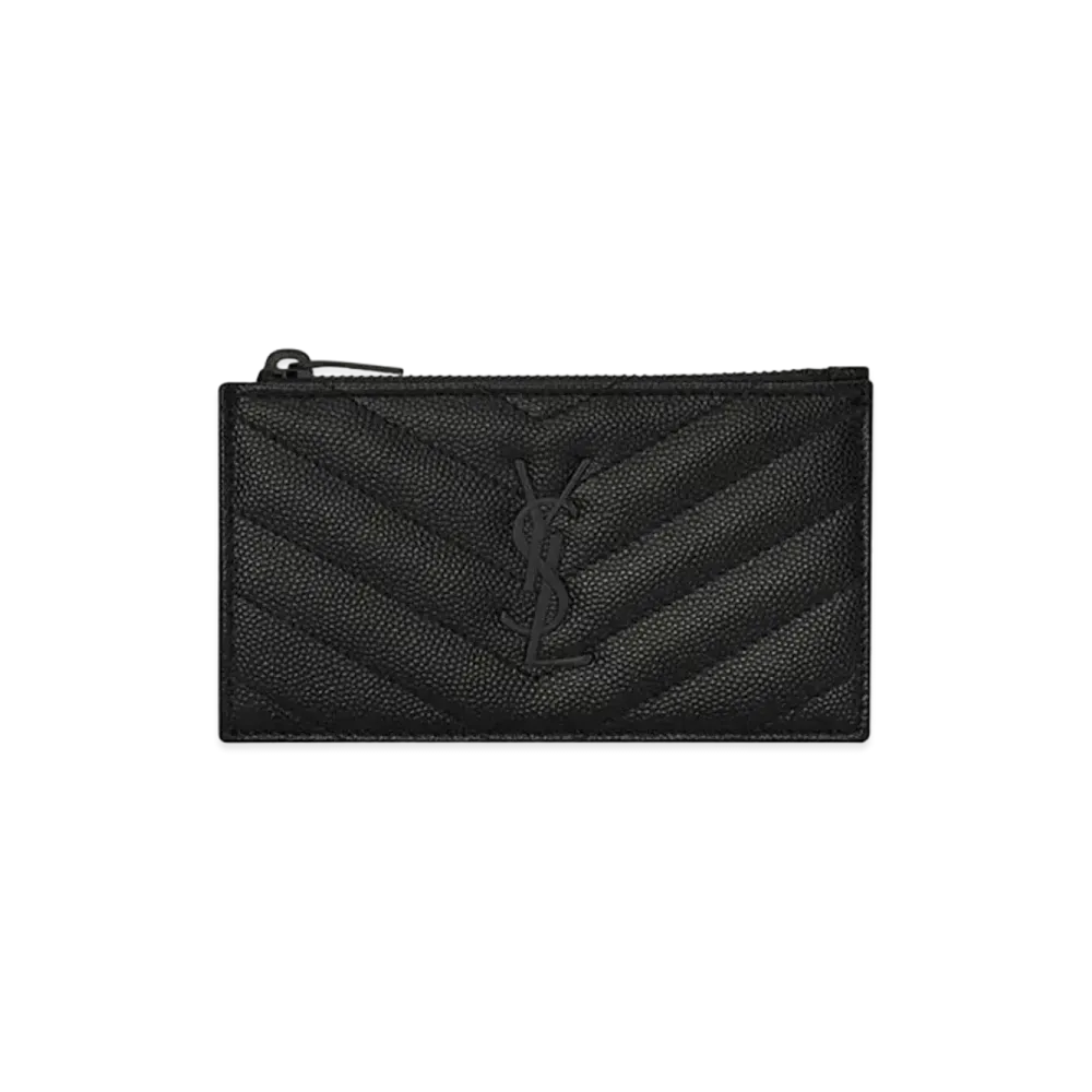 SAINT LAURENT Monogram Fragments Zip Card Case In Grain De Poudre Embossed Leather "Black"