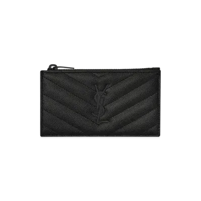 SAINT LAURENT Monogram Fragments Zip Card Case In Grain De Poudre Embossed Leather "Black"