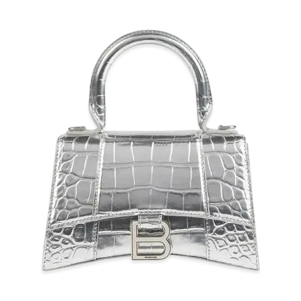 BALENCIAGA Hourglass XS Handbag In Metallized shiny Crocodile Embossed Calfskin"Silver"
