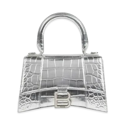 BALENCIAGA Hourglass XS Handbag In Metallized shiny Crocodile Embossed Calfskin"Silver"