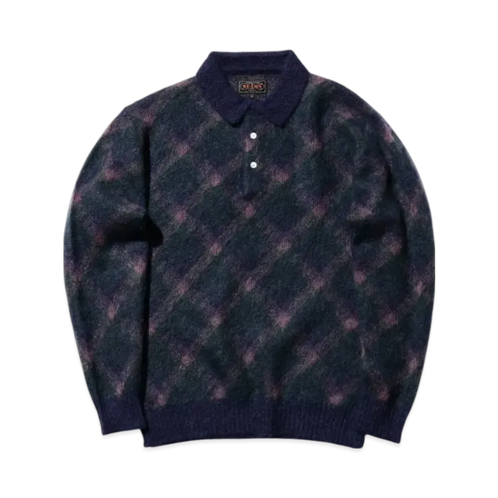 BEAMS Knit Polo Shaggy "Navy"