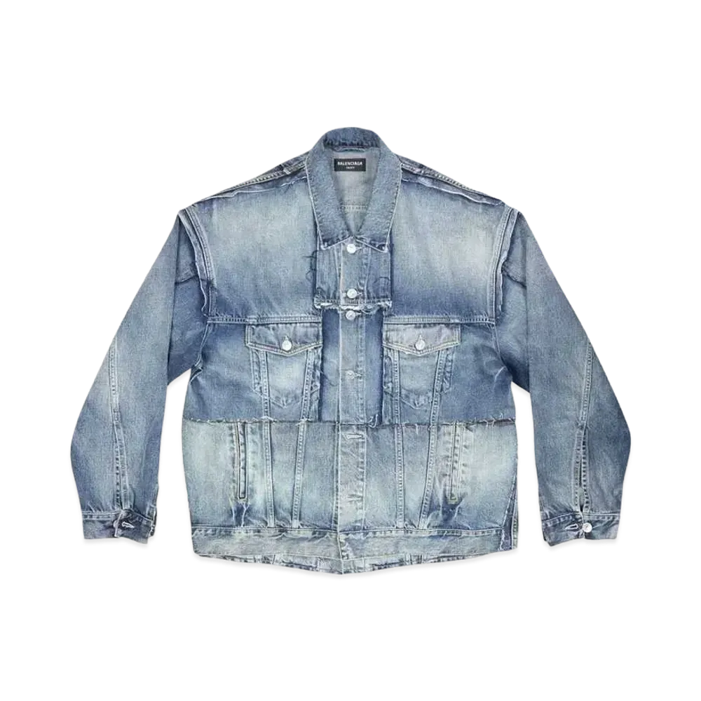 BALENCIAGA MENS Oversized Cut Up Ring Denim Jacket "Blue"