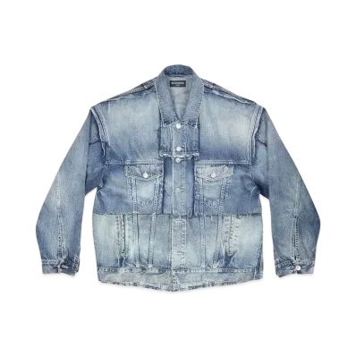 BALENCIAGA MENS Oversized Cut Up Ring Denim Jacket "Blue"