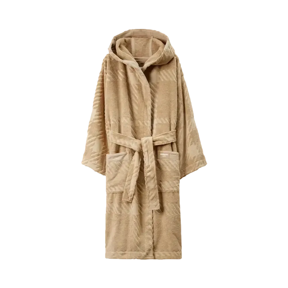 Burberry Men's Check Cotton Jacquard Hooded Robe "Archive Beige"