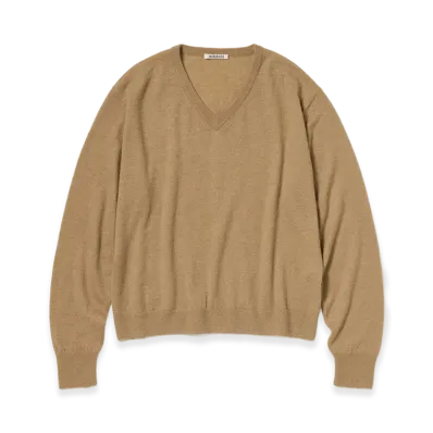 AURALEE High Gauge Soft Cashmere Knit V-Neck P/O "Light Brown"