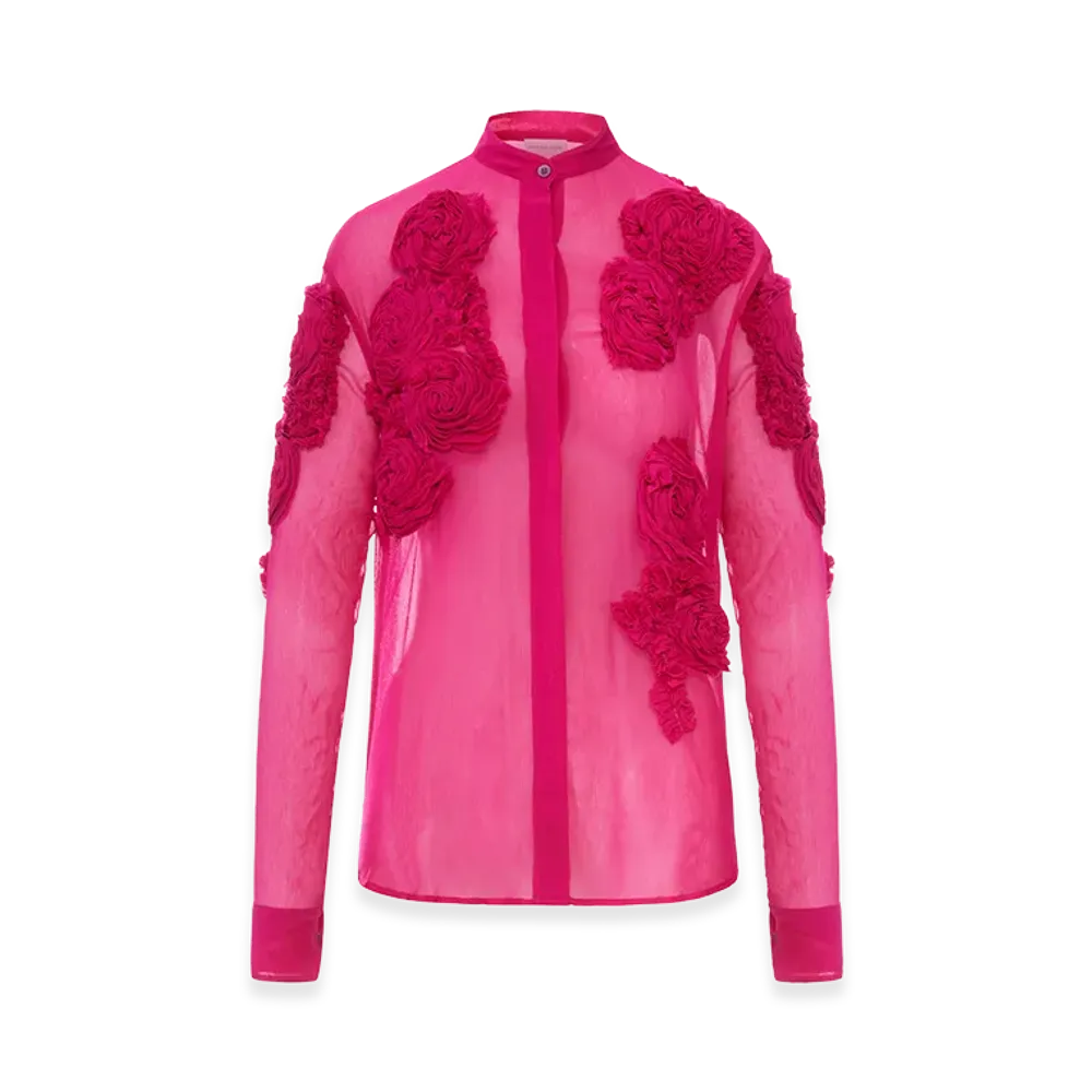DRIES VAN NOTEN Women's Organza Shirt with Floral Applications "Fuchsia"