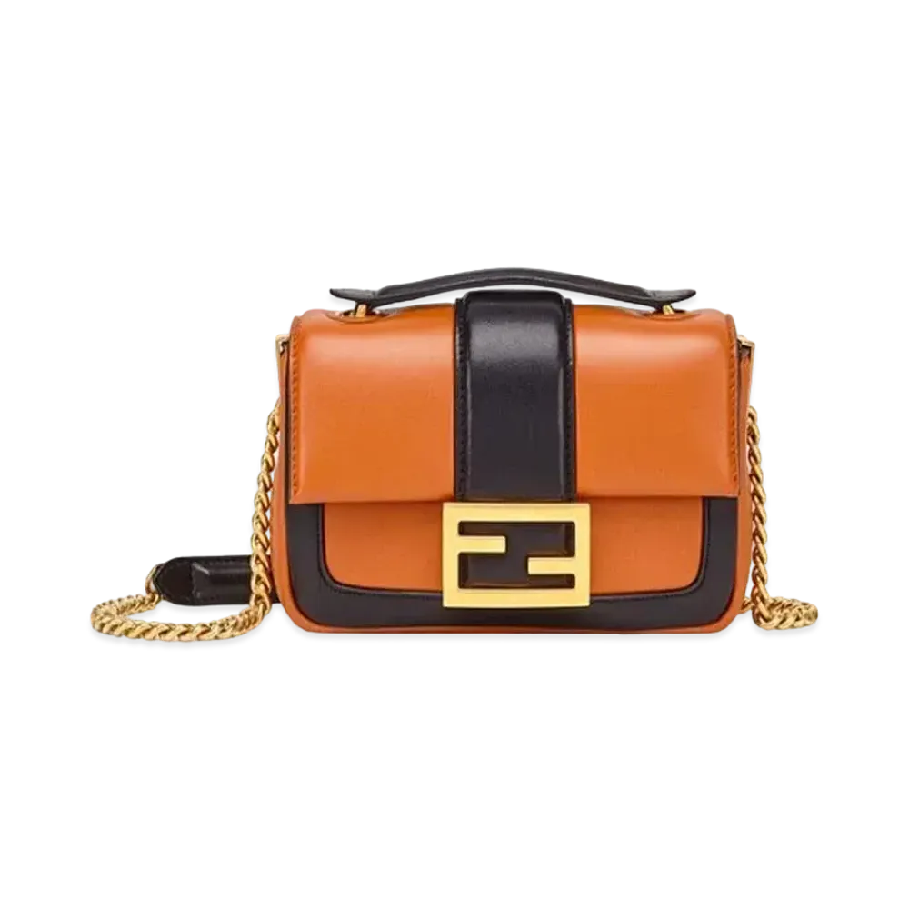 FENDI Mini Baguette Chain Nappa Leather Bag "Brown/Black "