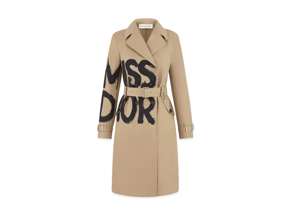 Dior Trench Coat Cotton Gabardine with Miss Dior Graffiti Motif "Black/Beige"