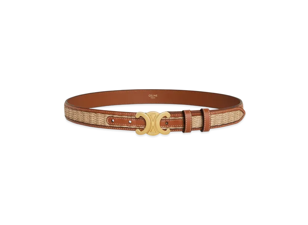 CELINE Medium Triomphe Belt in Textile with Raffia Effect and Calfskin "Tan"