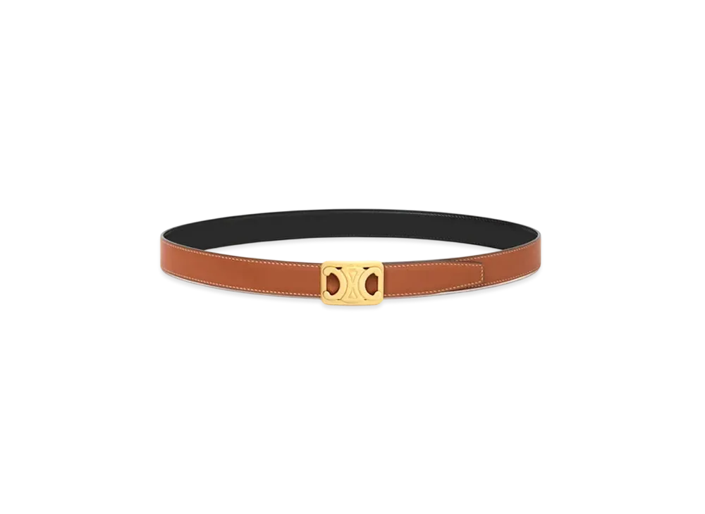 CELINE Medium Reversible Framed Triomphe Belt In Taurillon and Natural Calfskin "Tan/Black"