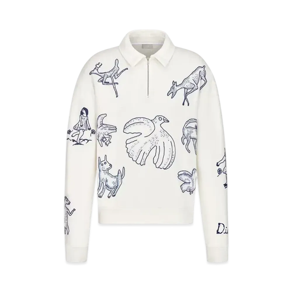 Dior Men's Sweatshirt with Zipped Collar Cotton Fleece "White"
