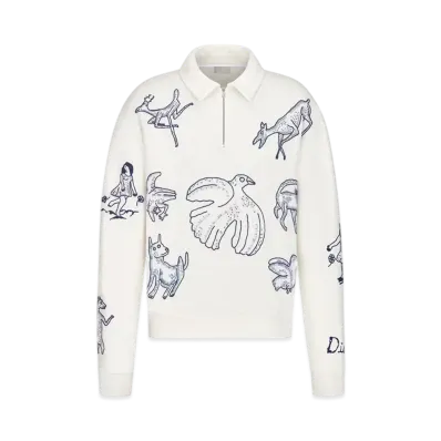 Dior Men's Sweatshirt with Zipped Collar Cotton Fleece "White"