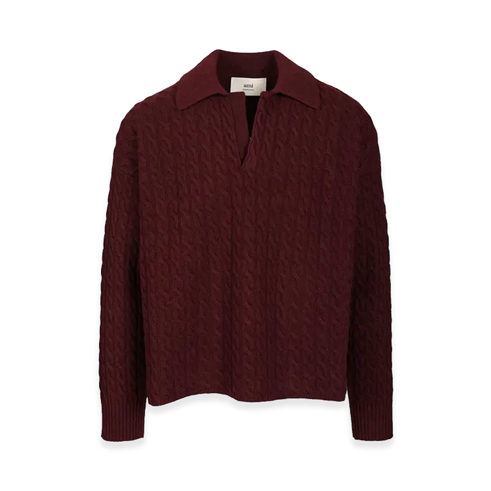 AMI PARIS Cable-Knit Polo Shirt "Bordeaux"