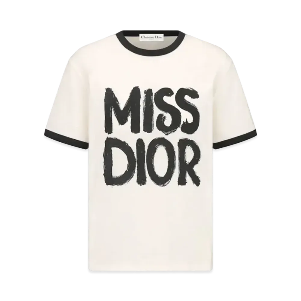 Dior T-Shirt Cotton and Linen Jersey with Miss Dior Graffiti Motif "White/Black"