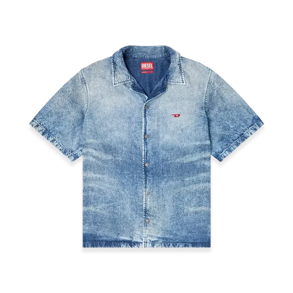 Diesel D-Nabil-Fsg Bowling Shirt In Distressed Denim "Medium Blue"
