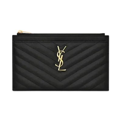 SAINT LAURENT Monogram Bill Pouch In Grain De Poudre Embossed Leather "Black"