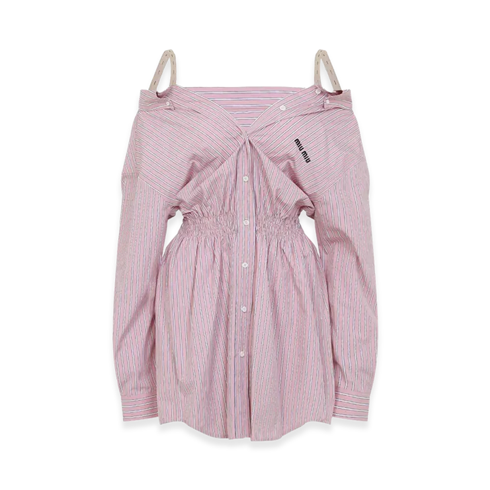 MIU MIU Women's Elasticated Waistband Striped Shirt Mini Dress "Rose"