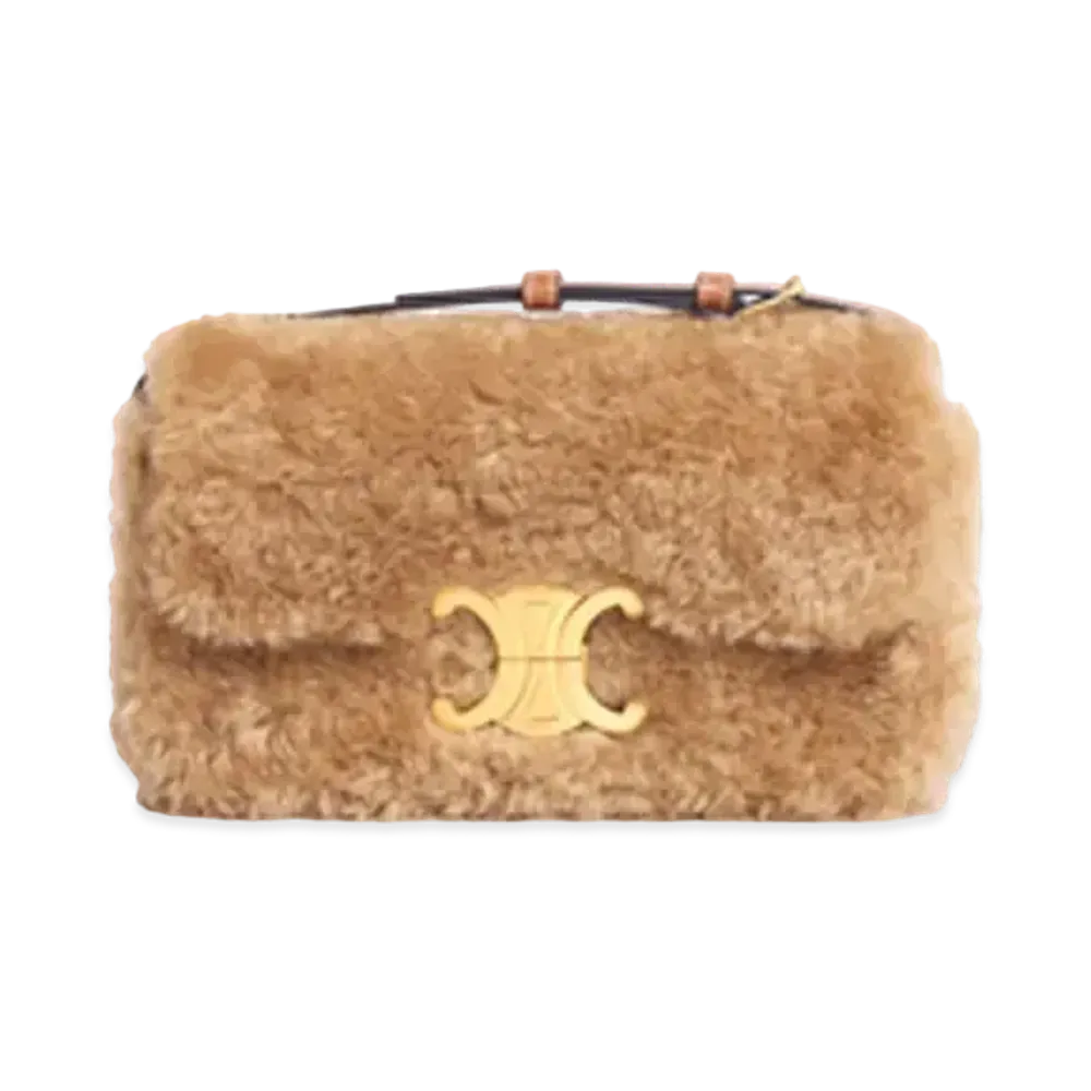 CELINE Triomphe Shoulder Bag in Fluffy Shearling and Calfskin "Beige"