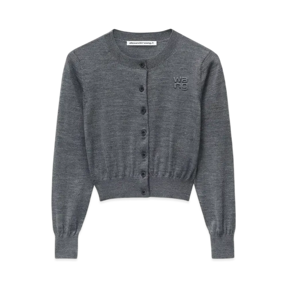 Alexander Wang Logo Cropped Superfine Merino Cardigan "Charcoal Melange"