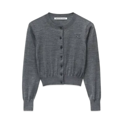 Alexander Wang Logo Cropped Superfine Merino Cardigan "Charcoal Melange"
