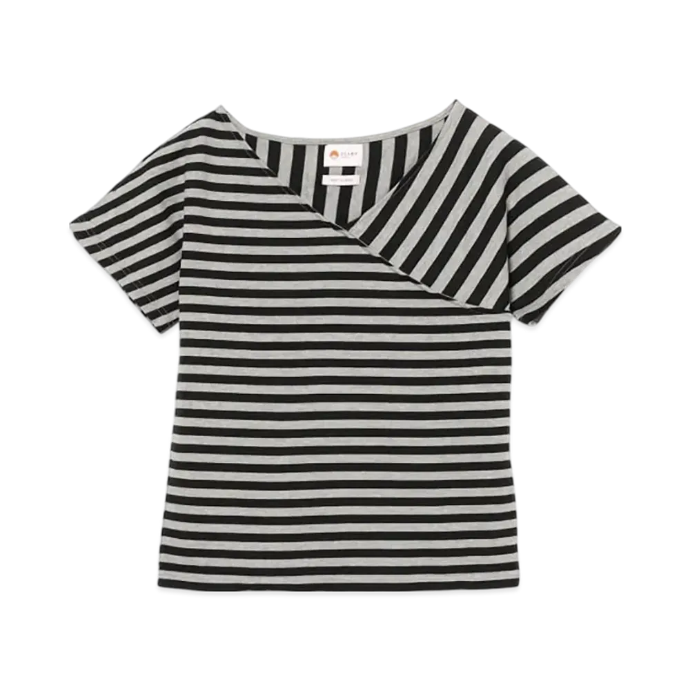 BEAMS Woman Asymmetry Border T-Shirt "Gray"
