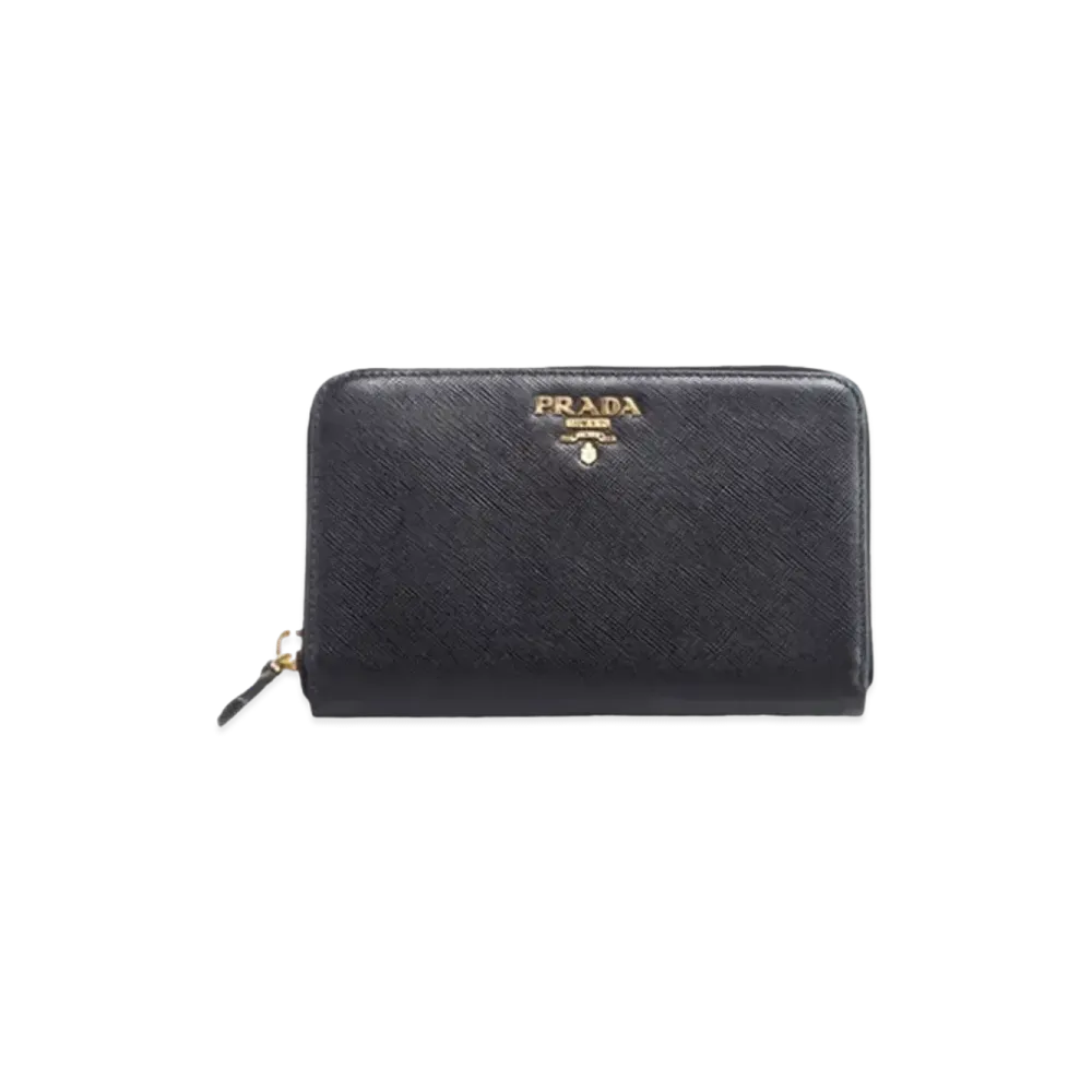 PRADA Saffiano Leather Metal Logo Zip Wallet "Black"
