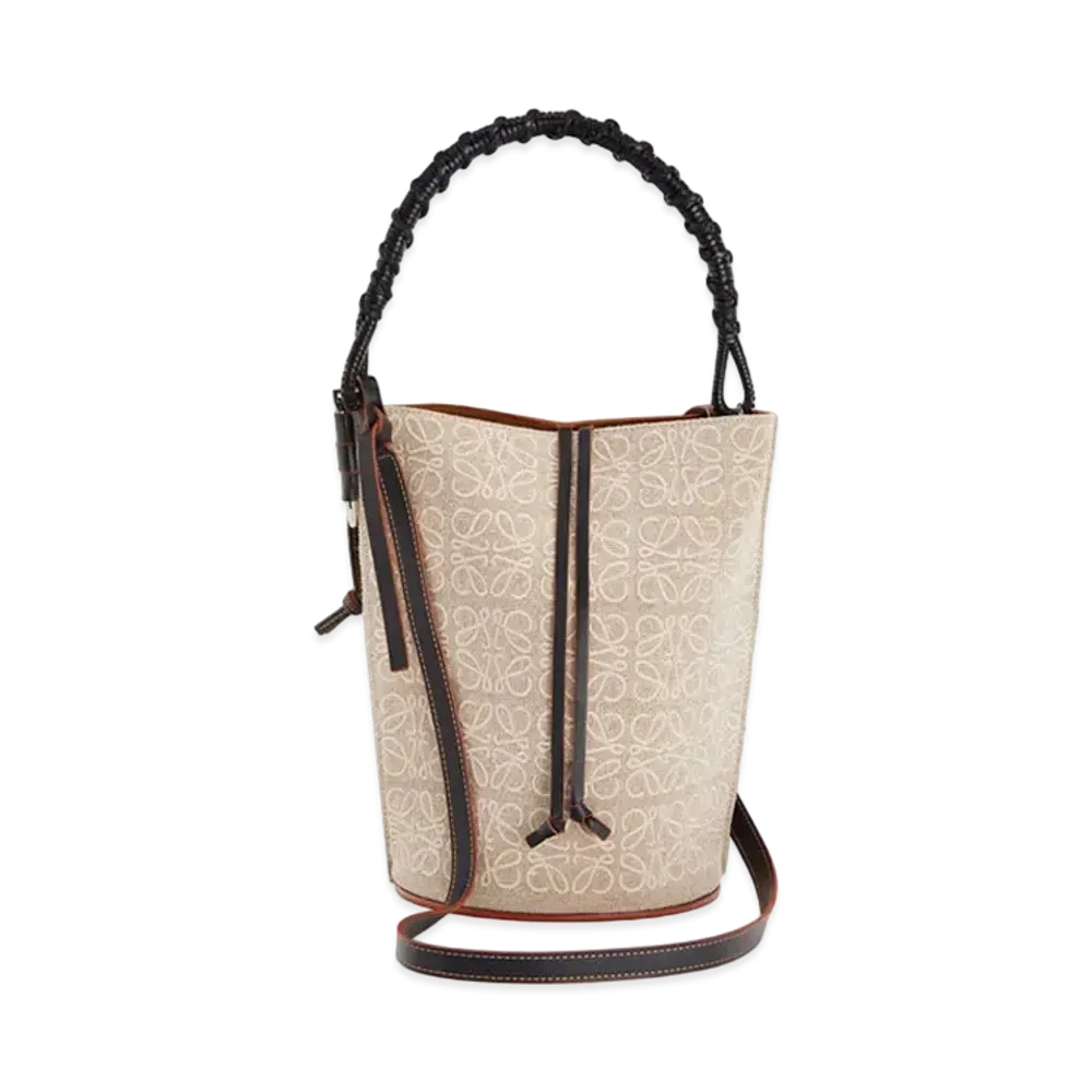 LOEWE Gate Bucket Handle Bag In Anagram Linen and Calfskin "Natural/Black"