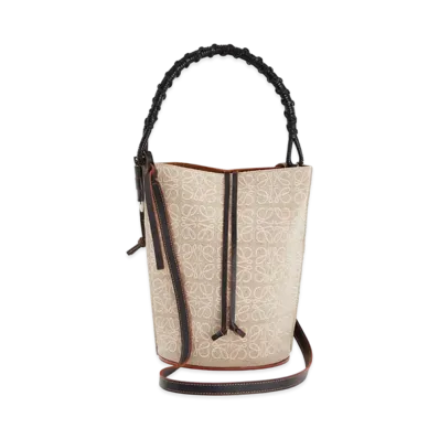 LOEWE Gate Bucket Handle Bag In Anagram Linen and Calfskin "Natural/Black"