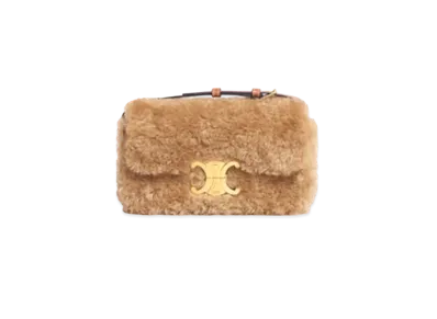 CELINE Triomphe Shoulder Bag in Fluffy Shearling and Calfskin "Beige"