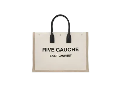 Saint Laurent Rive Gauche Large Tote Bag In Printed Canvas and Leather "Lin Blanc"