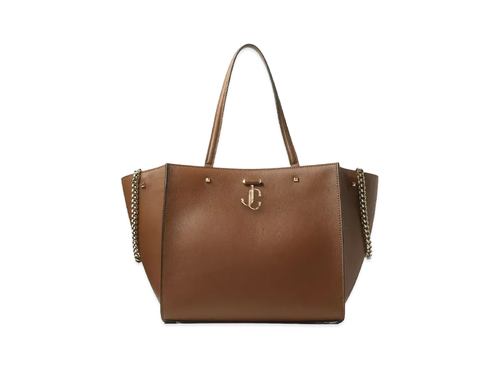 JIMMY CHOO VARENNE TOTE Light Gold JC Logo With Fine Shiny Curf Leather Tote Bag "Dark Tan"
