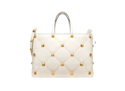Valentino Roman Studs Grain Calfskin Large Tote "Light Ivory"