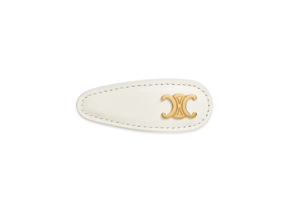 CELINE Snap Hair Clip in Calfskin, Brass and Steel "Ecru/Gold"