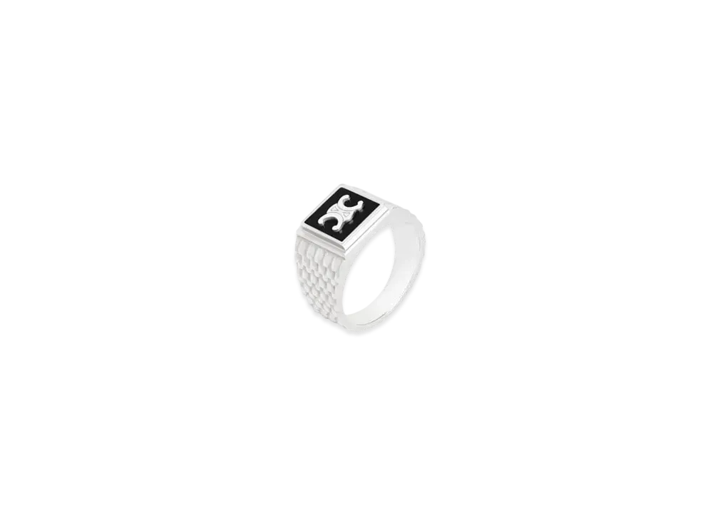 CELINE Triomphe Python Signet Ring in Onyx and Sterling Silver with Rhodium Finish "Black/Silver"