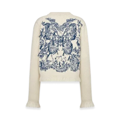 Dior Women's Embroidered Jacket Wool Cotton Alpaca Technical Knit Butterfly Around The World Motif "White/Pastel Midnight Blue"