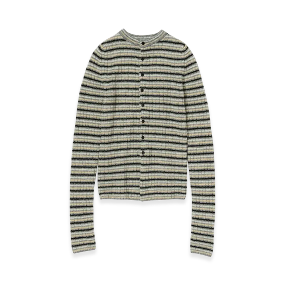 AURALEE Shetland Wool Cashmere Rib Knit Crew-Neck Cardigan "Gray Stripe"