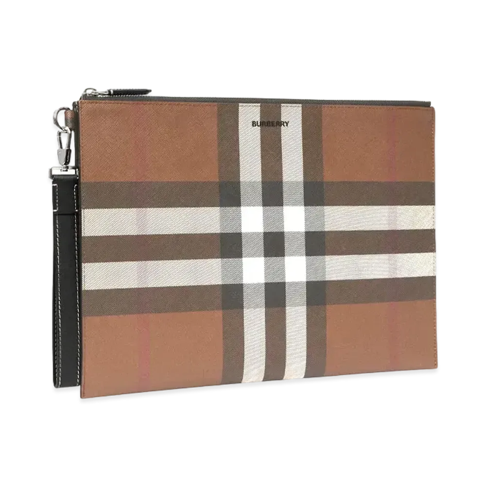 Burberry Large Check E-canvas Zip Pouch "Dark Birch Brown"