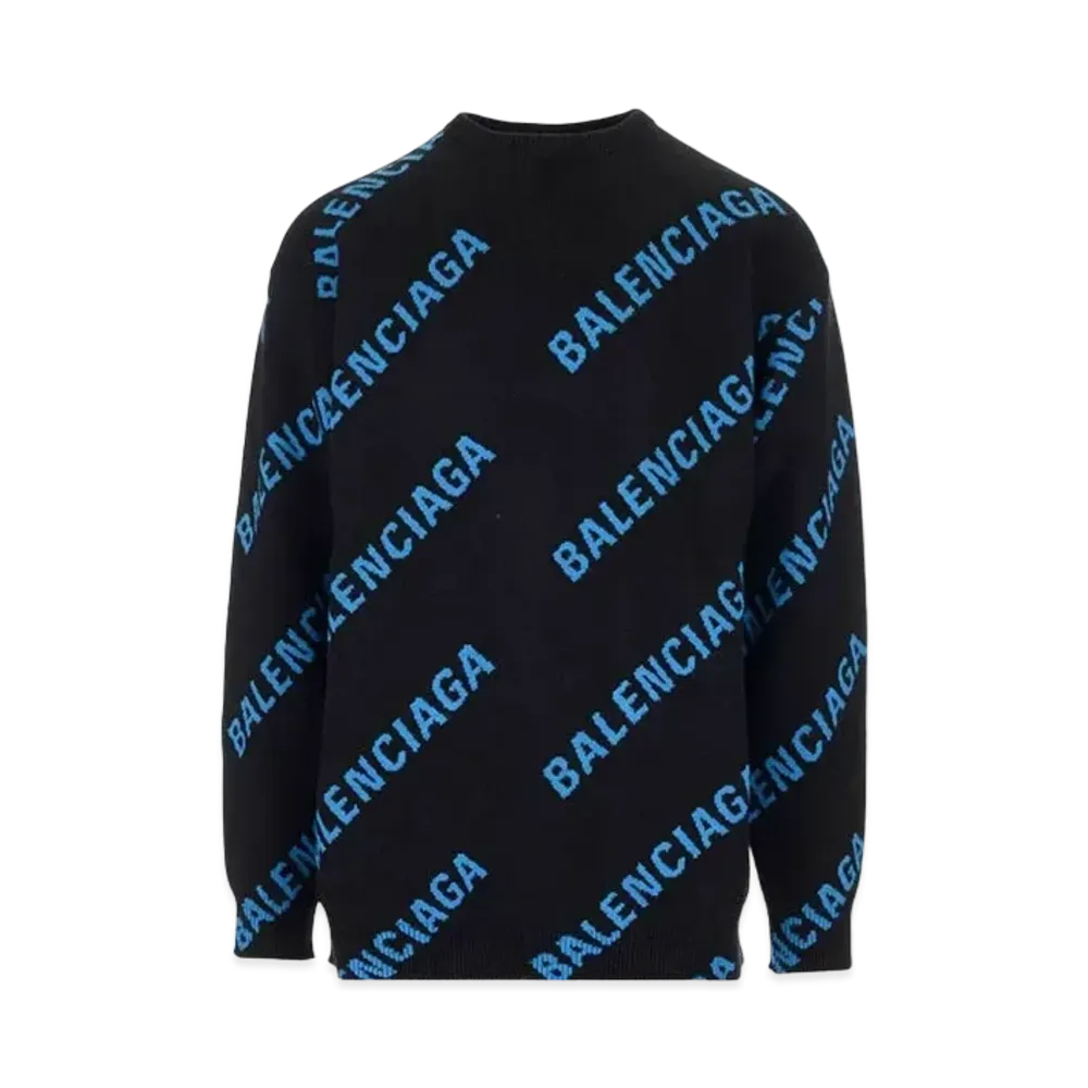 BALENCIAGA MENS Allover Logo Crewneck Knit "Black/Blue"