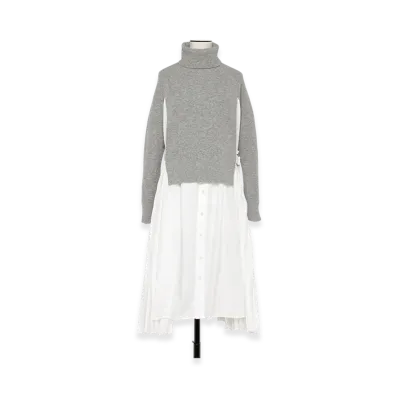 sacai Wool Knit x Cotton Poplin Dress "Light Grey/Off White"