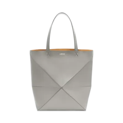 LOEWE XL Puzzle Fold Tote in Shiny Calfskin "Pearl Grey"