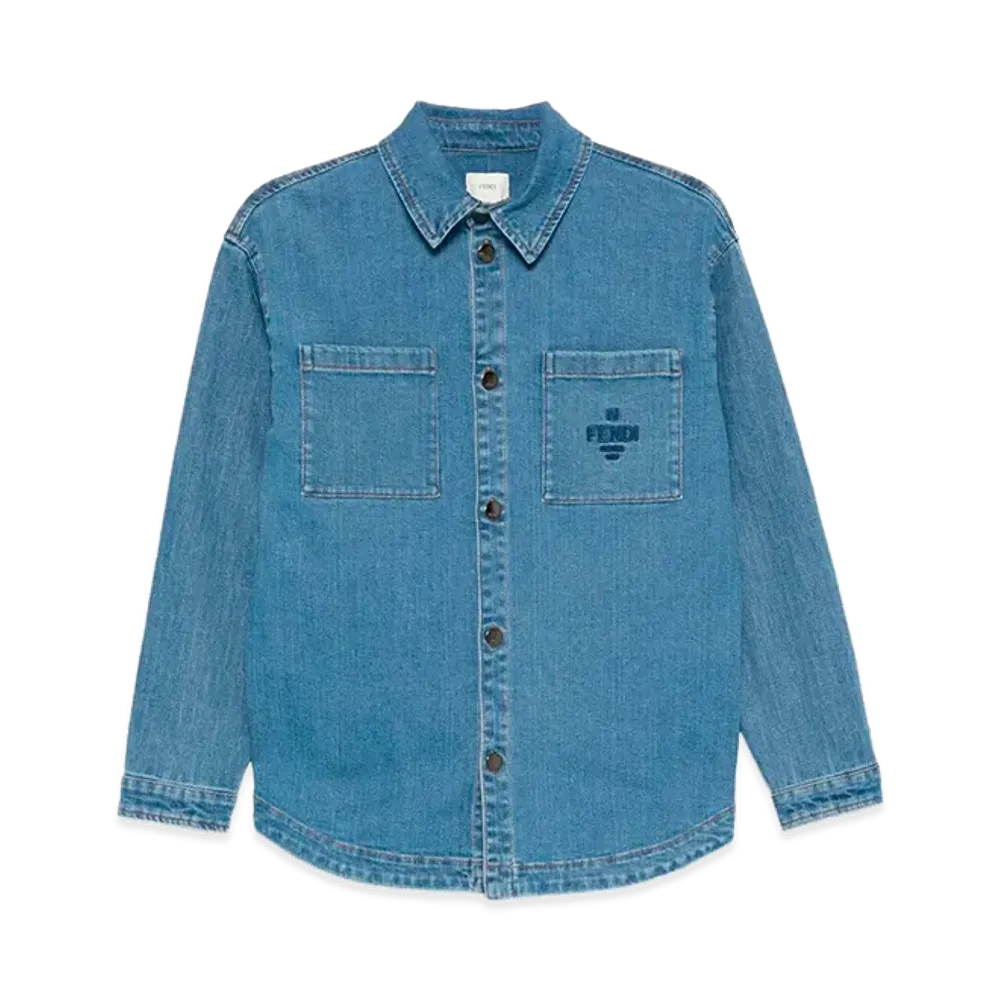 FENDI Kids Embroidered Logo Denim Overshirt "Blue"