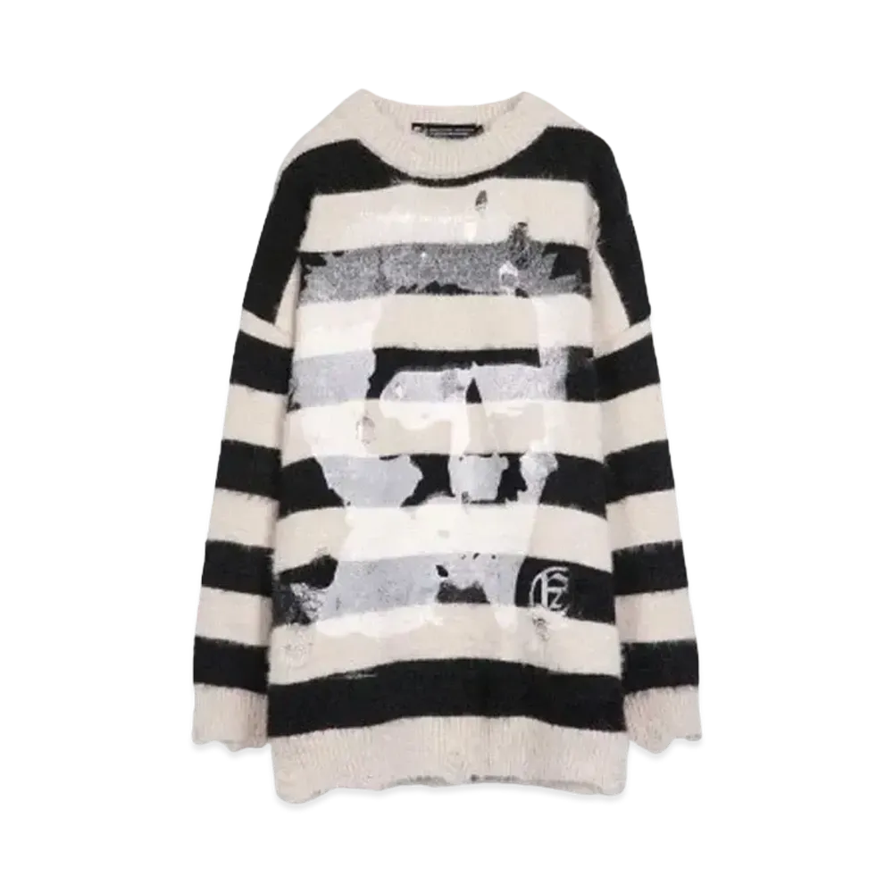 A GOOD BAD INFLUENCE HAND PRINTED FACE LOGO SWEATER(WHITE INK) "BLACK WHITE"