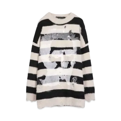 A GOOD BAD INFLUENCE HAND PRINTED FACE LOGO SWEATER(WHITE INK) "BLACK WHITE"