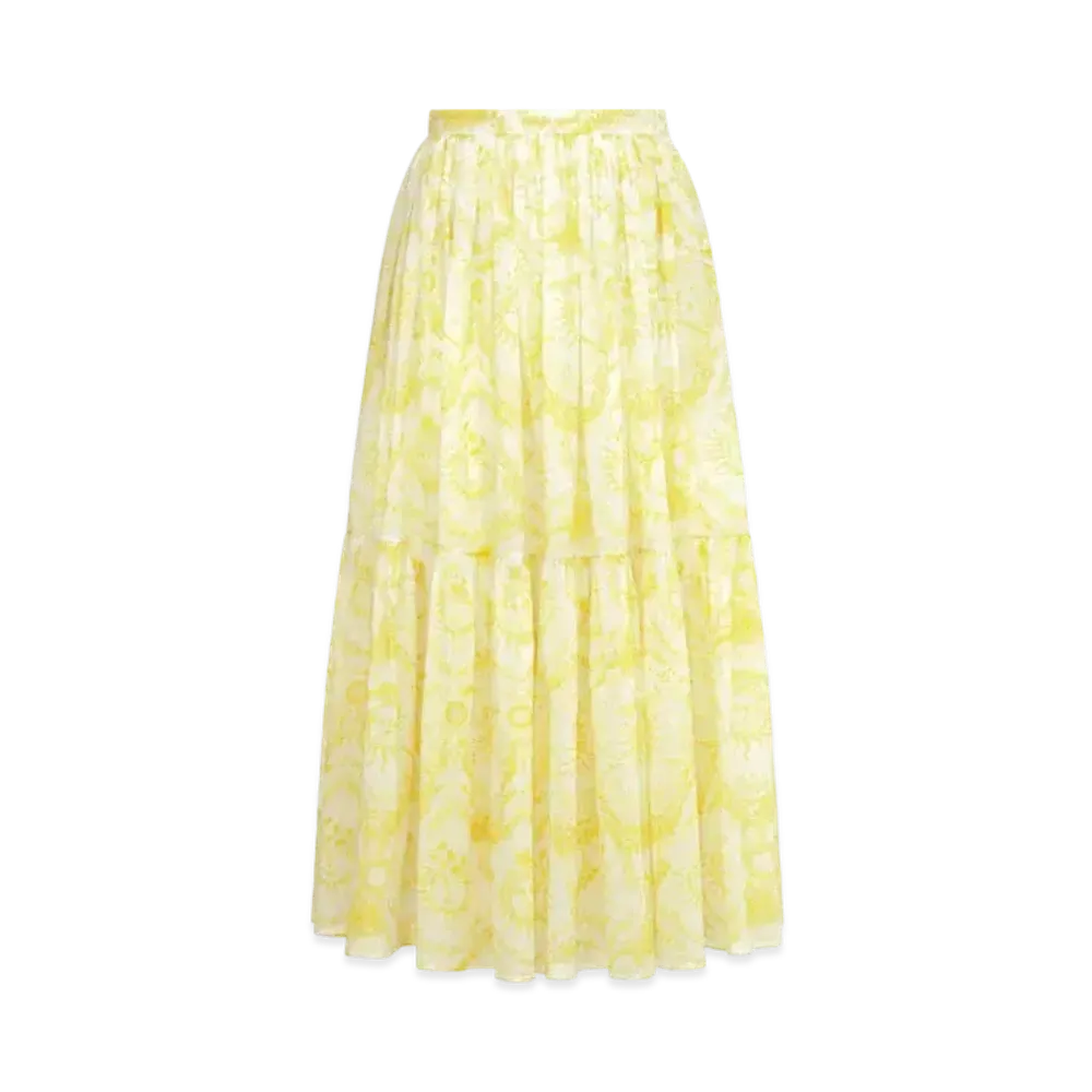 Dior Dioriviera Mid-Length Skirt Cotton Muslin with Toile de Jouy Soleil Motif "White/Lemon Yellow"