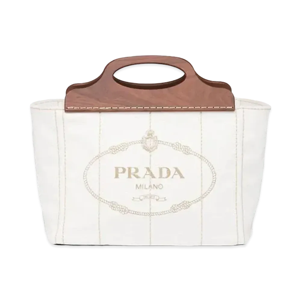 PRADA Small Tote In Canvas & Wood "White"