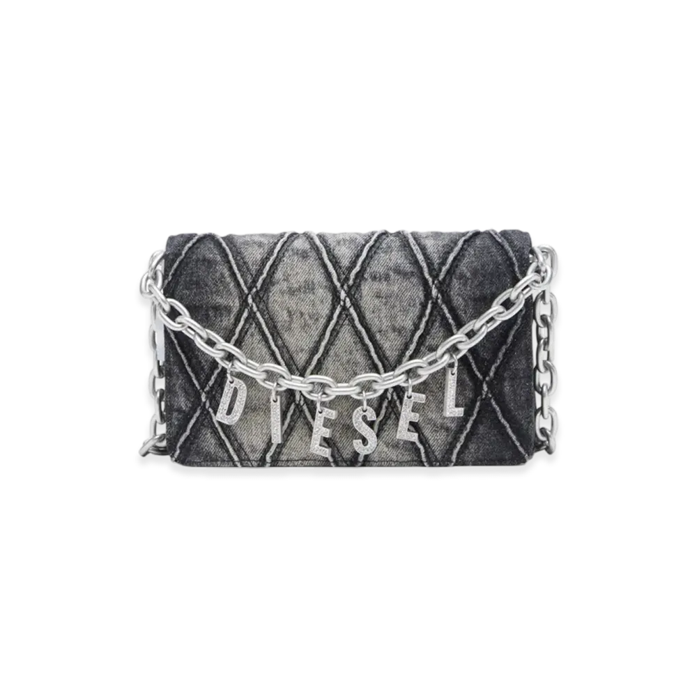 Diesel Charm-D Wallet Strap Wallet Purse In Argyle Quilted Denim "Black"