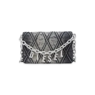 Diesel Charm-D Wallet Strap Wallet Purse In Argyle Quilted Denim "Black"